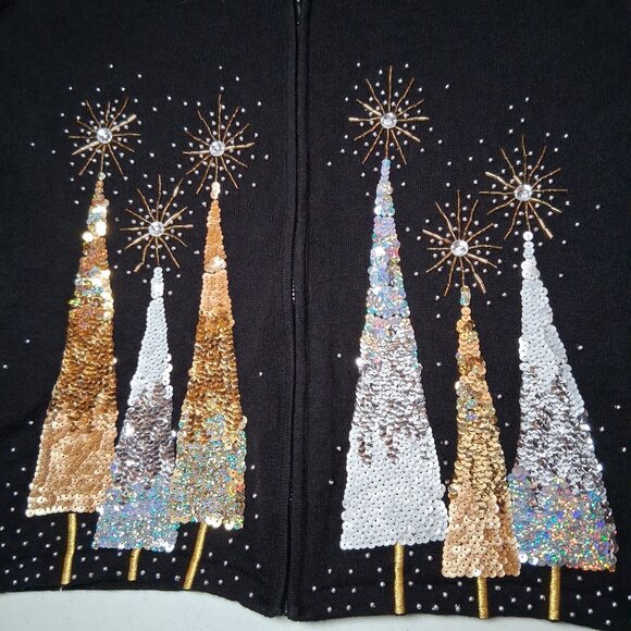 Berek Cardigan Sweater Women L Sequins Beaded Christmas Trees Pine Tree - Picture 11 of 12